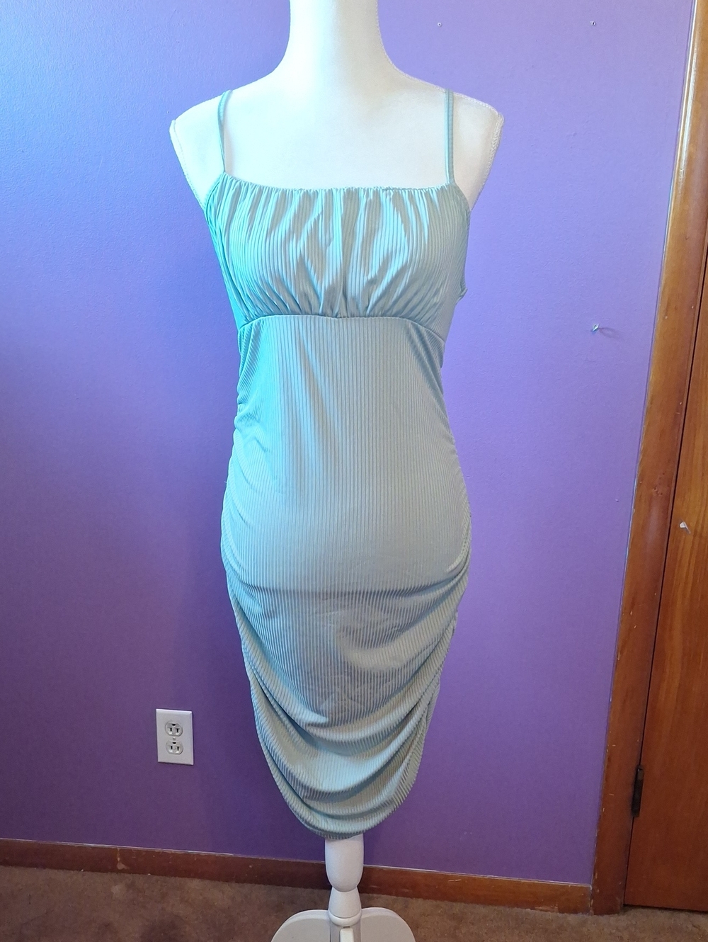 Sage Green Ribbed Spaghetti-Strap Slip Dress